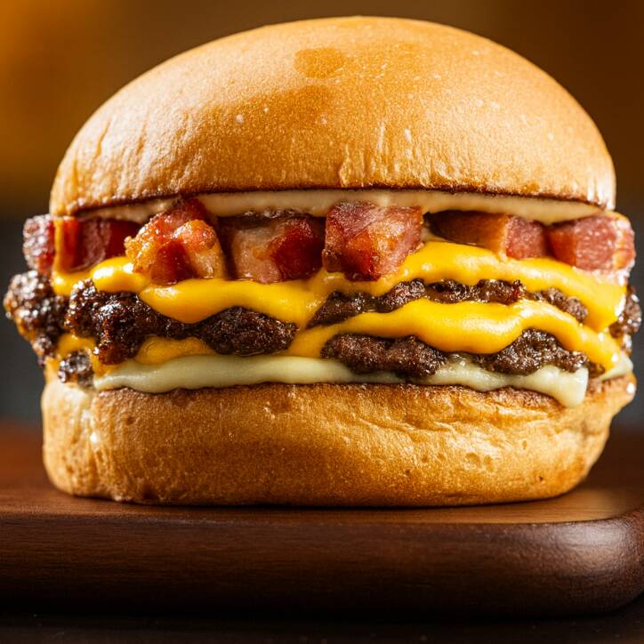 Pão smash selado, 02 blend angus 80g, cheddar cremoso, bacon e molho especial.