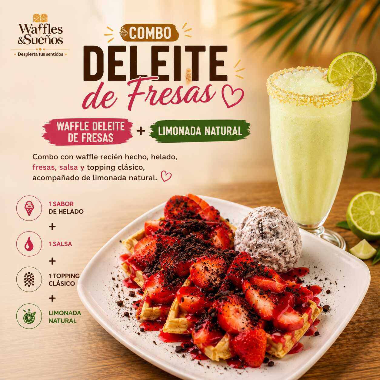 Waffle Deleite de Fresas + Limonada Natural