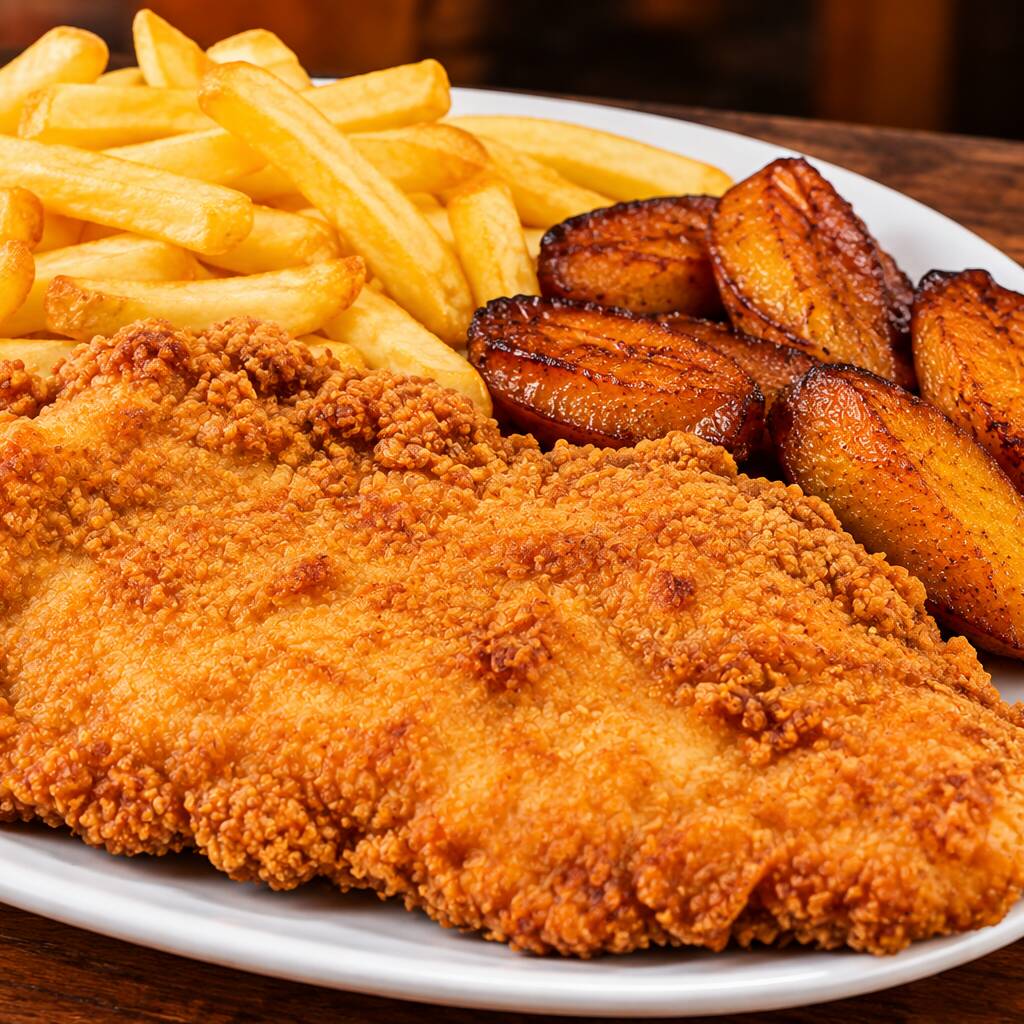 Pechuga Apanada con Papa Fritas y maduro