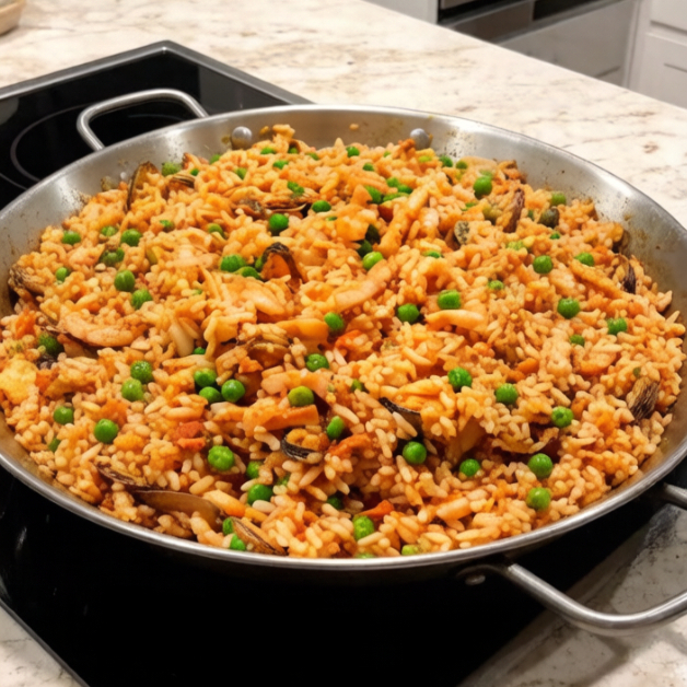 Delicioso risoto refogado com molho de tomate elaborado na casa com ervas finas, azeite extra virgem e frutos do mar, lula, marisco e camarões sete barbas e ervilhas frescas.