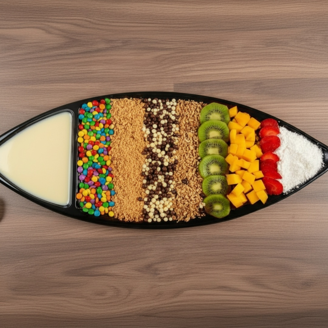 Uma deliciosa barca pequena com a massa de sua escolha e acompanhamentos e frutas de sua escolha