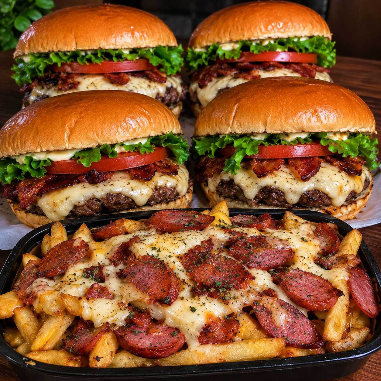 4 hambúrgueres carne Texas queijo mussarela derretido alface fresca e tomate. Acompanha uma porção generosa de batata frita recheada e calabresa fatiada, Uma opção caprichada e perfeita para matar a fome! 🤤