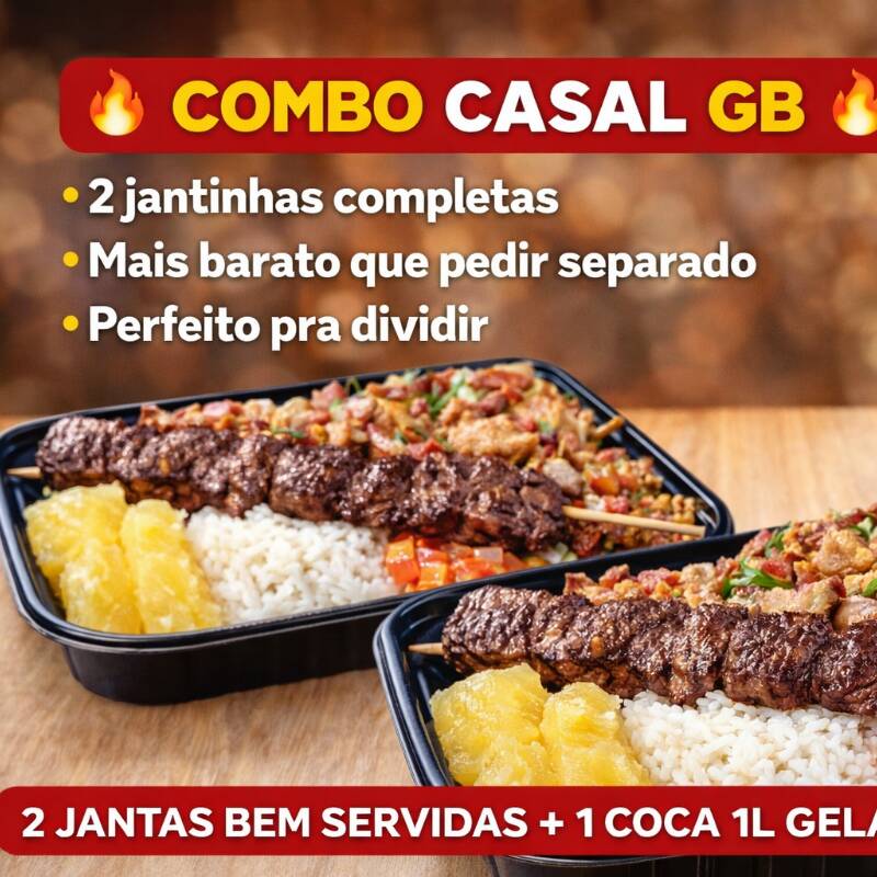 2 jantinhas completas com arroz, feijão tropeiro, mandioca, vinagrete e espetinho na brasa. Acompanha refrigerante 1 litro. Ideal para dividir.