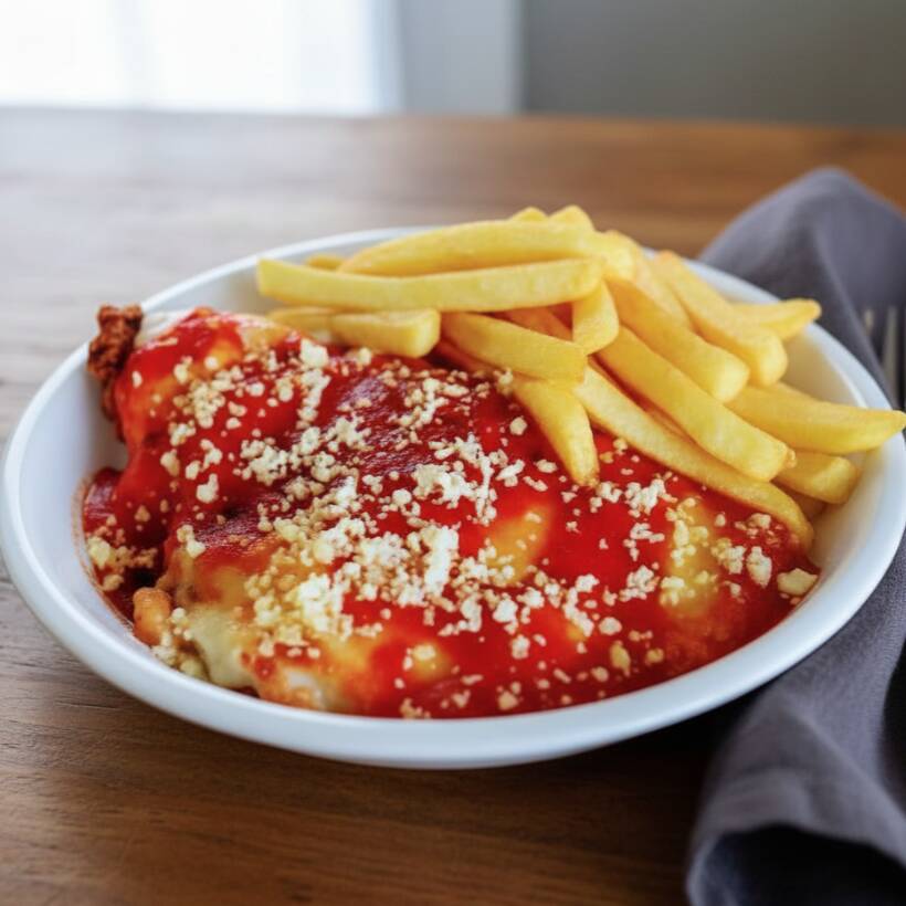 Delicie-se com o nosso 'Filé de Frango à Parmegiana', um prato requintado da categoria 'Almoço de Alta Qualidade e Preço Justo'. Este prato apresenta um filé de frango macio e suculento, generosamente coberto com queijo parmesão derretido e um molho de tomate caseiro rico e saboroso. Acompanha um arroz branco soltinho e batatas fritas crocantes e douradas. Por apenas R$18,90, ainda leva outra marm