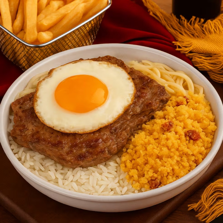 Arroz soltinho, feijão bem temperado, macarrão alho e óleo, farofa crocante, purê de batata cremoso e bife à cavalo.