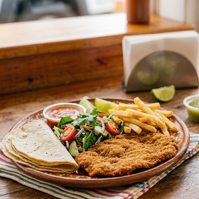 Plato con Arroz, Papas, Ensalada Milanesa, Tortillas