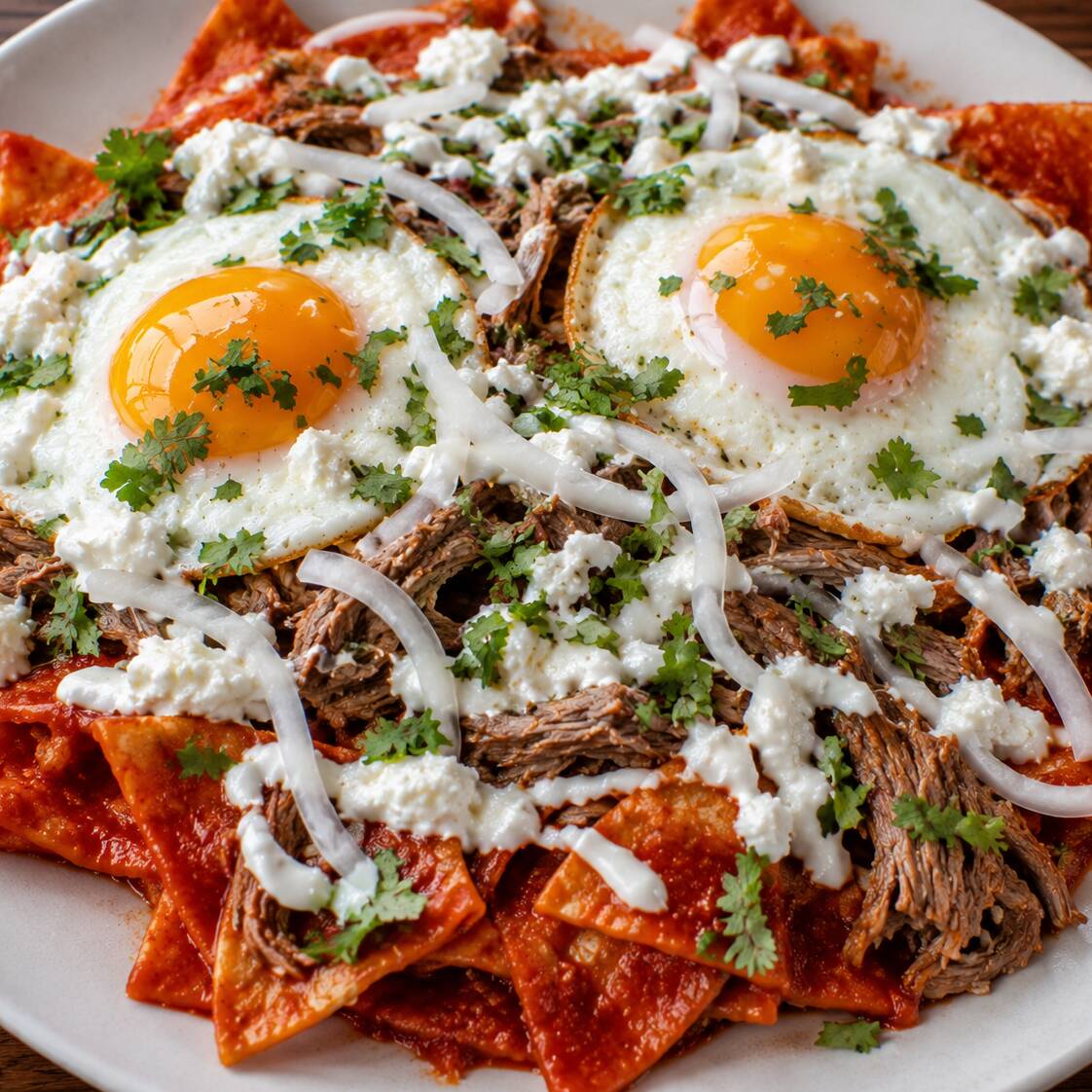 Chilaquiles Rojos con Huevo y Deshebrada