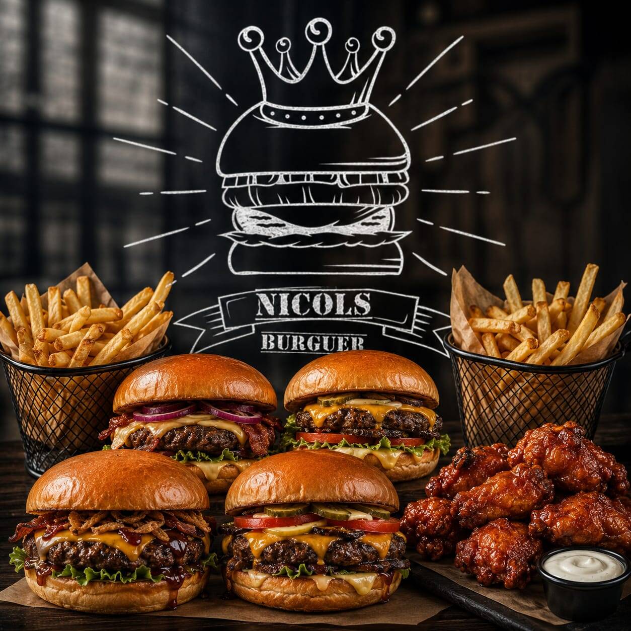 4 NICOLS BURGUERS + 2 ORDENES DE PAPAS Y 12 ALITAS