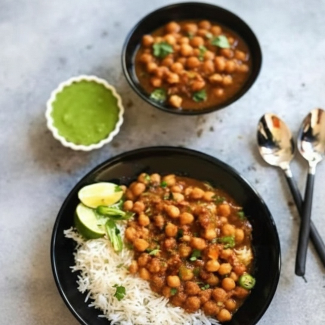 Grão de bico ao curry de cebola, alho, tomate e temperos.(250ml) Arroz Basmati (300ml)
