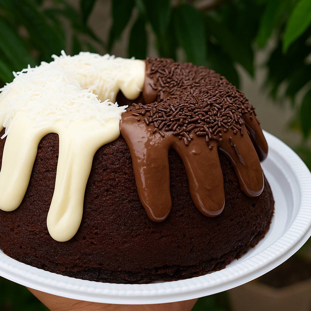uma incrivel massa de chocolate super fofinha e molhadinha e finalizada com bricadeiro cremooso de coco e de chocolate