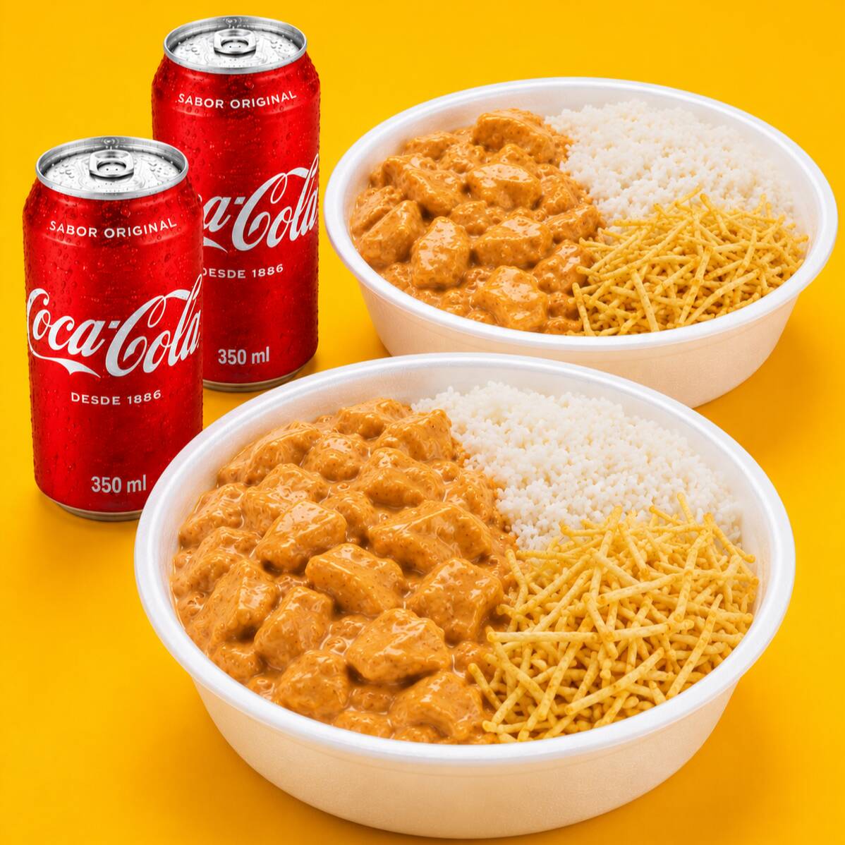 Marmita 500 mls Itens da Quentinha: Estrogonofe de Frando, Arroz e Sachê de Batata Palha acompanha 2 Coca Latas 350mls