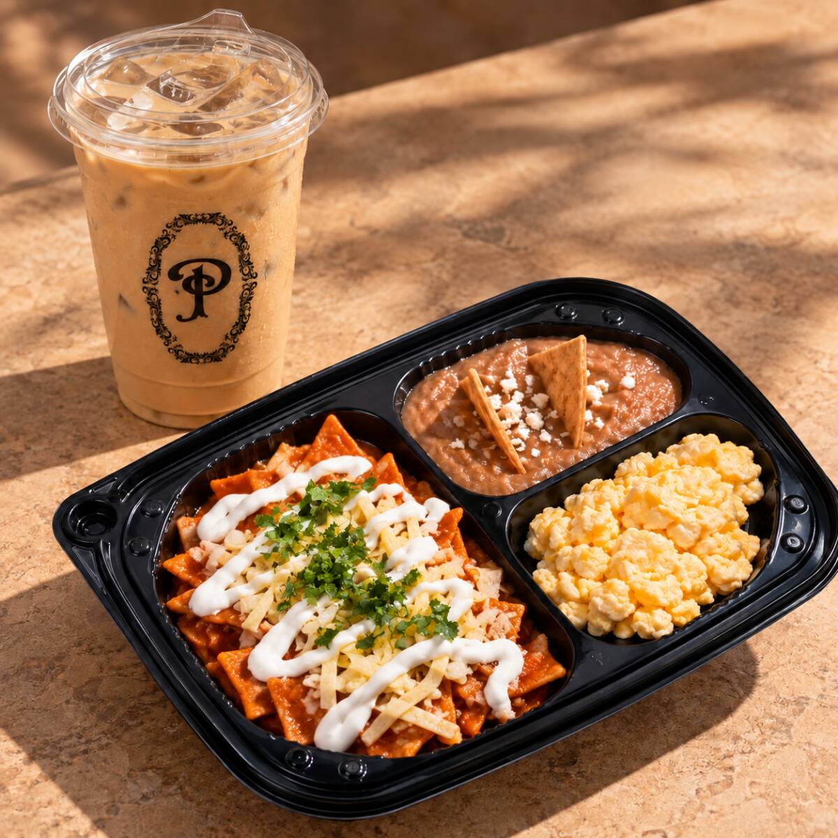 Chilaquiles Rojos + Latte Helado
