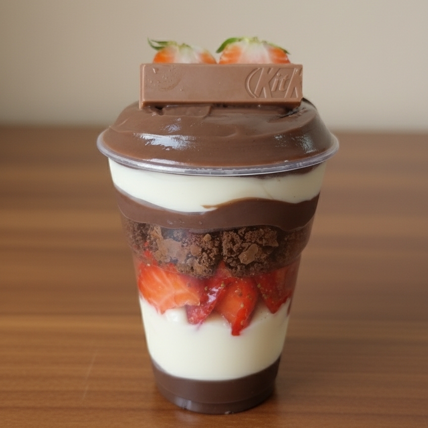 Aprecie nosso copo composto por creme de ninho , creme ao leite ,pedaços de brownie  e morangos picados finalizado com KitKat.