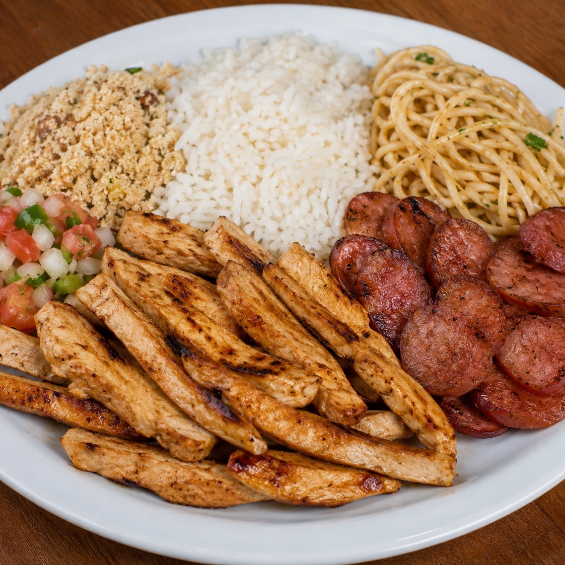 Acompanhamento: Arroz, Macarrão, Farofa e Vinagrete