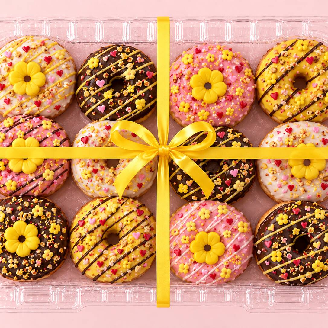 Caja de 12 Donas con Temática Flores Amarillas