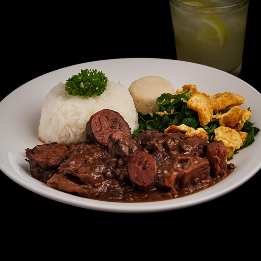 Marmita de Feijoada Magra Individual — arroz branco soltinho acompanhado de feijoada feita com carne seca saborosa, lombo macio, costelinha suculenta, linguiça calabresa e paio, tudo no caldo encorpado do feijão preto. Vem com couve refogada na manteiga, farofa dourada e torresmo crocante. Porção perfeita para matar a fome de 1 pessoa com muito sabor.