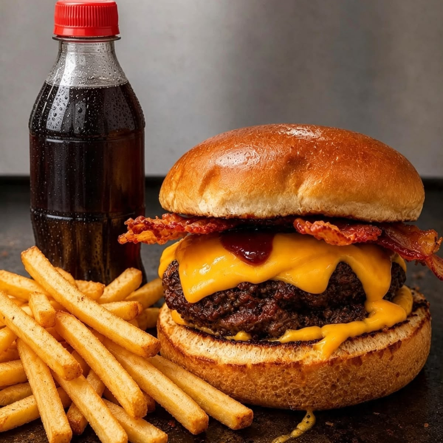 Pão Brioche, 130g Hamburguer Artesanal, Queijo, Molho da Casa + Bacon + Batata Frita + 1 Refrigerante 200ml.
