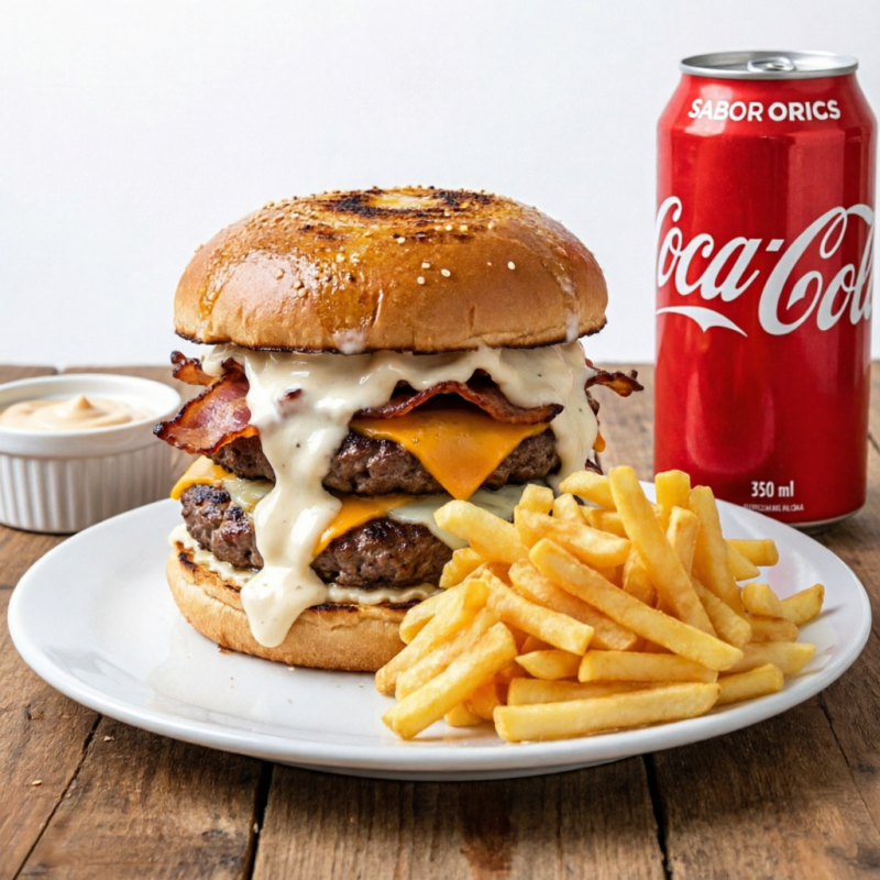 De coloração escura, sabor potente, marcante e levemente adocicado. Esse é o pão australiano, tostado na manteiga, 200 gramas de carne, cheddar, muçarela, bacon e para encerrar essa insanidade nossa maionese da casa de alho e bacon. O molho é enviado aleatoriamente, caso tenha uma preferência, por no campo de observação. Devido a logística do delivery, pode ser que a nossa batata não chegue 100% em temperatura e crocância.