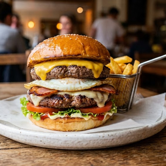 X-TUDO REAL DUPLO 🍔🔥
Aqui é X-Tudo de verdade! Duas carnes artesanais de 160g, presunto, queijo derretido, bacon crocante, alface fresquinha e tomate, tudo abraçado pelo nosso pão brioche macio e douradinho.
É carne, queijo, bacon e muita coisa boa em cada mordida. Fome grande pede um X-Tudo desse tamanho! 🤤🔥
E para completar essa pancada de sabor, acompanha uma porção de batata frita crocante! 🍟