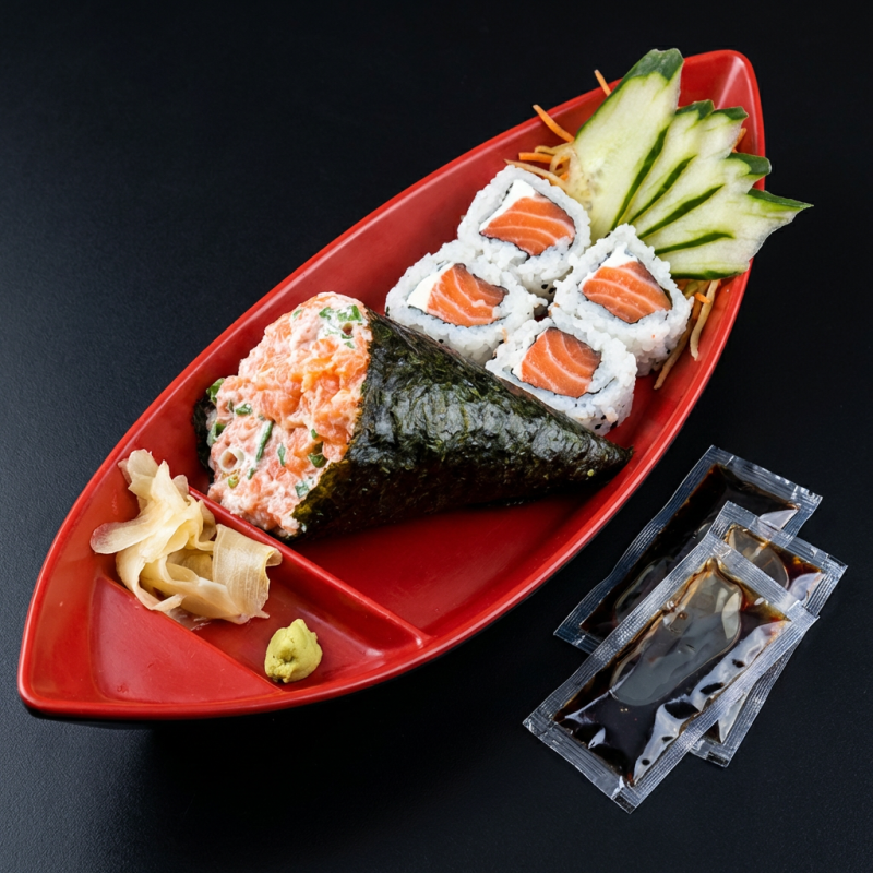1 Temaki salmão + 4 uramaki salmão
acompanha 3 sache de shoyo
