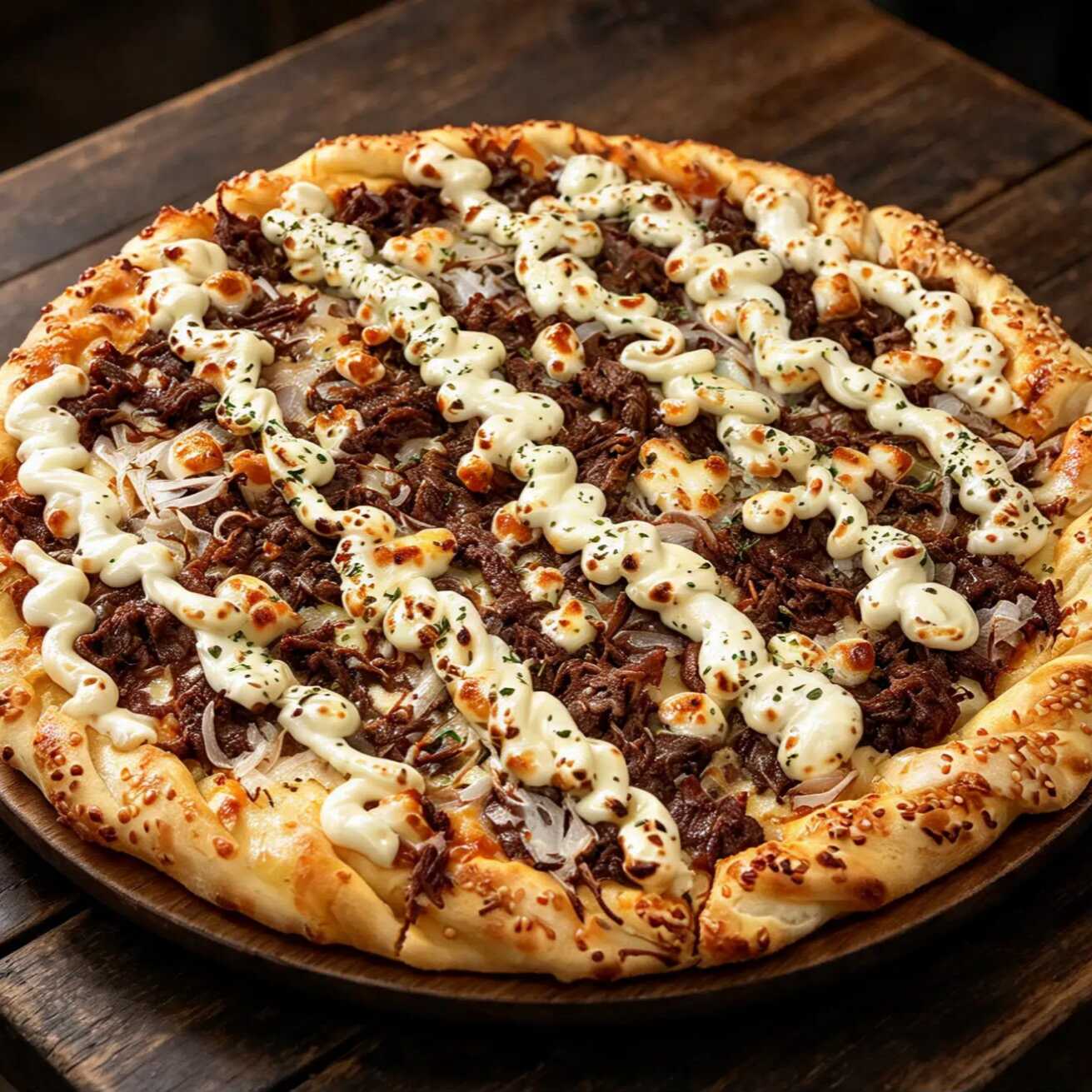 DELICIOSA PIZZA DE Costelinha PREMIUM COM CREAM CHEESE, MUSSARELA, QUEIJO COALHO E CEBOLA.