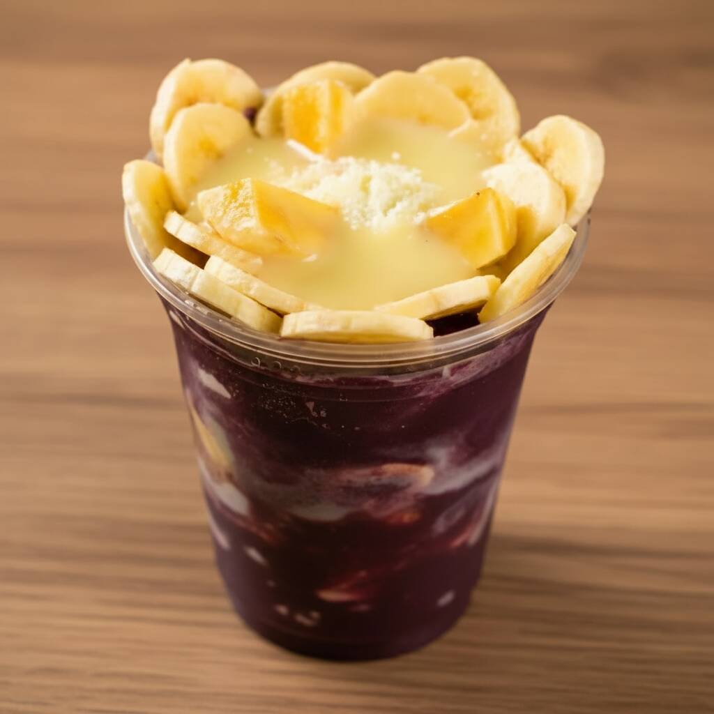 Açaí no Copo de 350ml com banana, leite condensado leite em pó (os complementos irão em camadas). Não fazemos substituição nesse item promocional