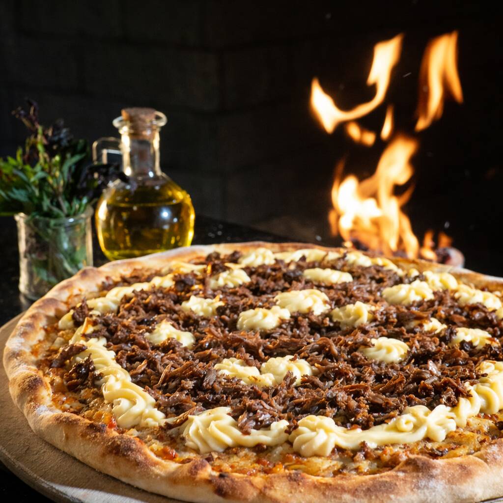 Massa fina crocante de longa fermentação, mozzarella, costela desfiada, molho da casa e orégano.