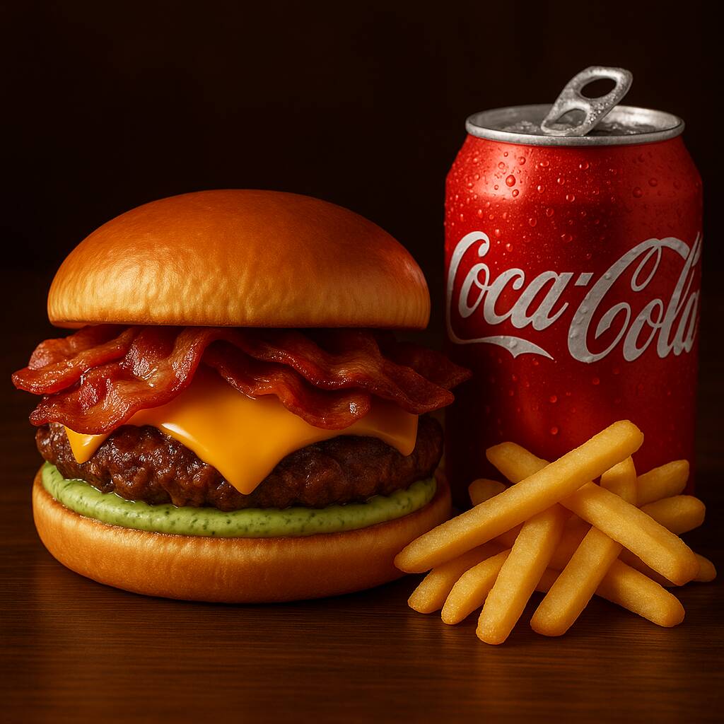 Delicioso X- Bacon Artesanal feito com Blend Artesanal 115g, Fatias de Bacon Crocante, Cheddar Cremoso, maionese secreta do chef e o molho especial da casa servido no Pão Brioche.
Acompanha: Porção generosa de Batatas Fritas + Coca-Cola lata 350ml trincando de gelada.