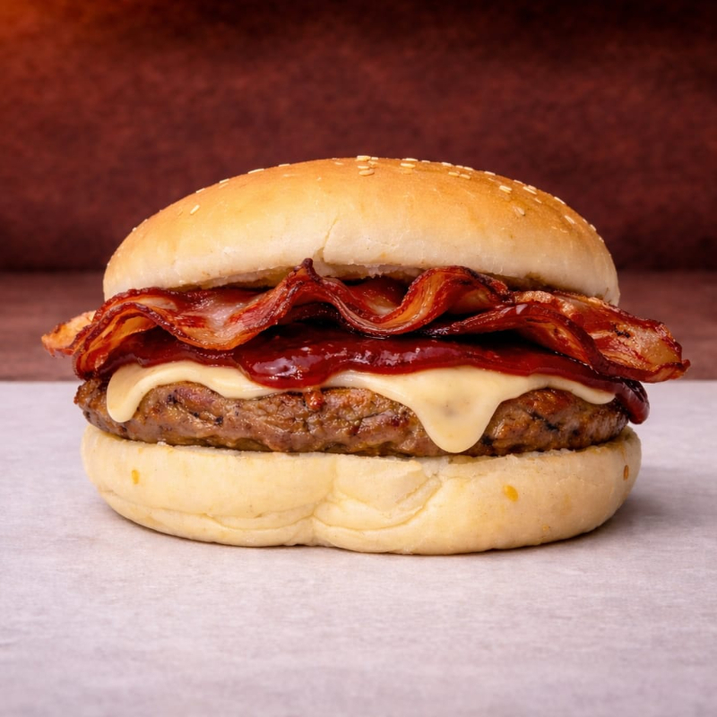 Pão, carne, queijo, molho barbecue e bacon + Molhos viagem