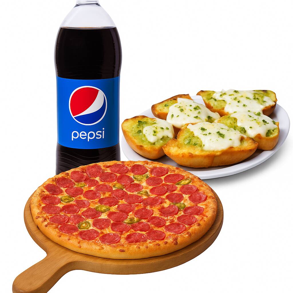 1 PIZZA PEPPERONI + 6 PAN AL AJO ESPECIAL + PEPSI