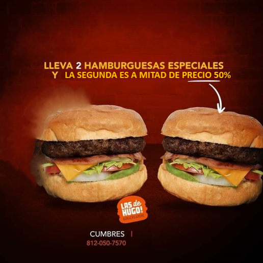 Ordena 2 Burger Especiales y solo paga 1 y media!
