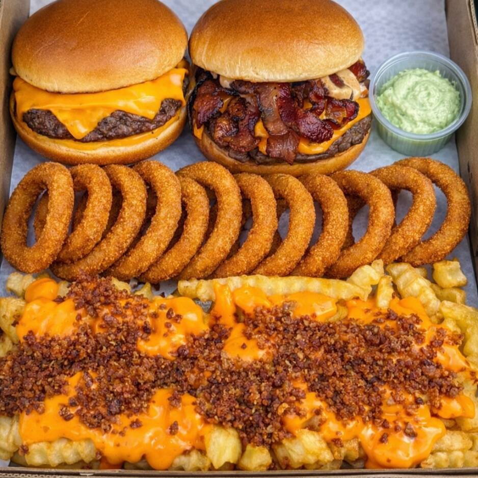 Box Planet (Serve 2 pessoas) O combo perfeito para matar a fome com estilo! • 2 Burgers Artesanais: Carne de verdade, suculenta e artesanal. • Onion Rings: Anéis de cebola dourados e muito crocantes. • Batata Crinkle: Fritas sequinhas com cobertura generosa de molho cheddar quente e bacon crocante triturado ! • Acompanhamento : 1 potinho da nossa Maionese Verde Artesanal (receita exclusiva da casa).