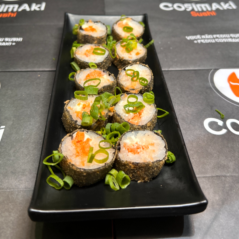 10 cariocas recheados com salmão e cream cheese, empanado e frito até ficar crocante. Uma explosão de sabor em cada mordida!