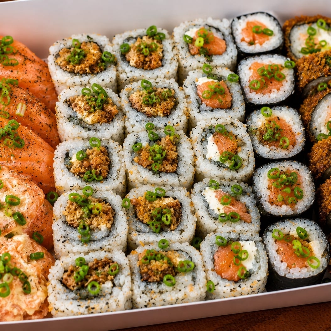 Um super combo com peças especiais,5 cariocas de salmão , 3 niguiri de salmão ,5 hossomaki de salmão,2 Joy Joy,10 uramakis de skin,5 uramaki de salmao philladelfia