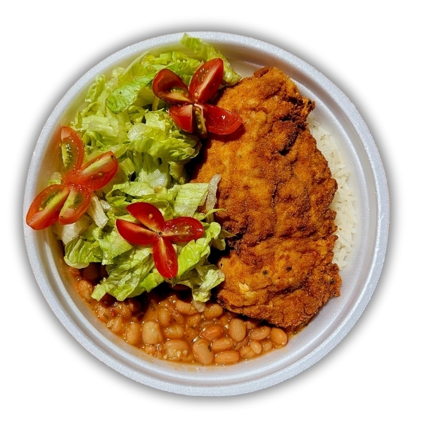 Filé de frango empanado crocante, arroz, feijão e salada fresca