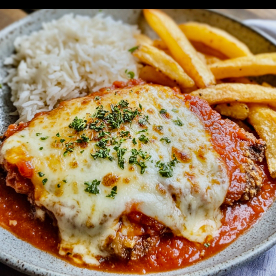A verdadeira Parmegiana brasileira! Bife de carne selecionada (200g) empanado com tempero artesanal, coberto com nosso exclusivo molho de tomate pelado e mussarela gratinada. Servido com arroz branco soltinho (150g), feijão carioca cremoso (150g), batatas fritas sequinhas e salada sazonal refrescante (100g). Entregue com carinho em nossa embalagem com divisórias.