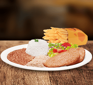 2 unidades do nosso frango compactado (Aprox. 75g cada - in natura), arroz, feijão, farofa, salada, molho e fritas!