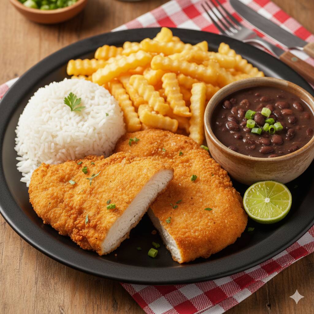 Filé de frango à milanesa macio por dentro e crocante por fora, arroz branco, feijão e batata frita crocante.
