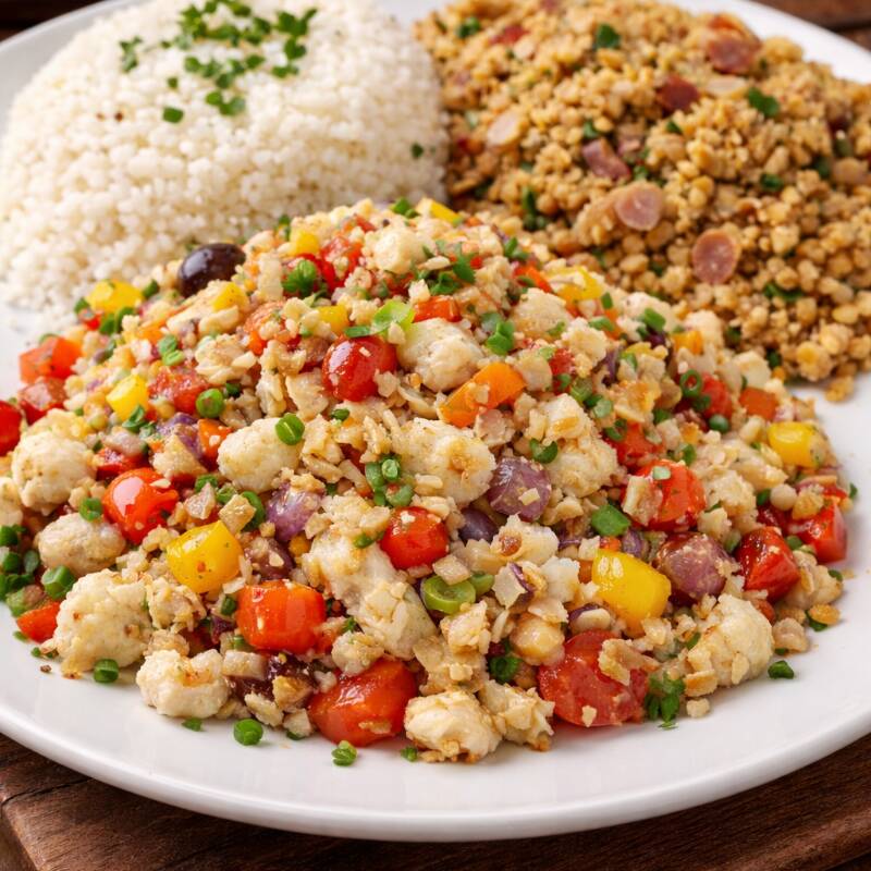 FEIJÃO MACASSAR, ARROZ e BACALHAU porção serve 1 pessoa peso entre 450 a 500 g