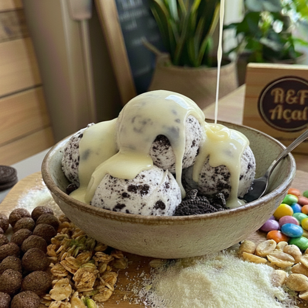 Leite em pó, granola, 2 fruta ,leite condensado ,bolinha de cereal ,Confete jujuba e calda *Obs: Se não quiser granola pode substituir por amendoim, paçoca ou farinha lactea. Informar na observação! Se não, vai conforme esta descrito acima