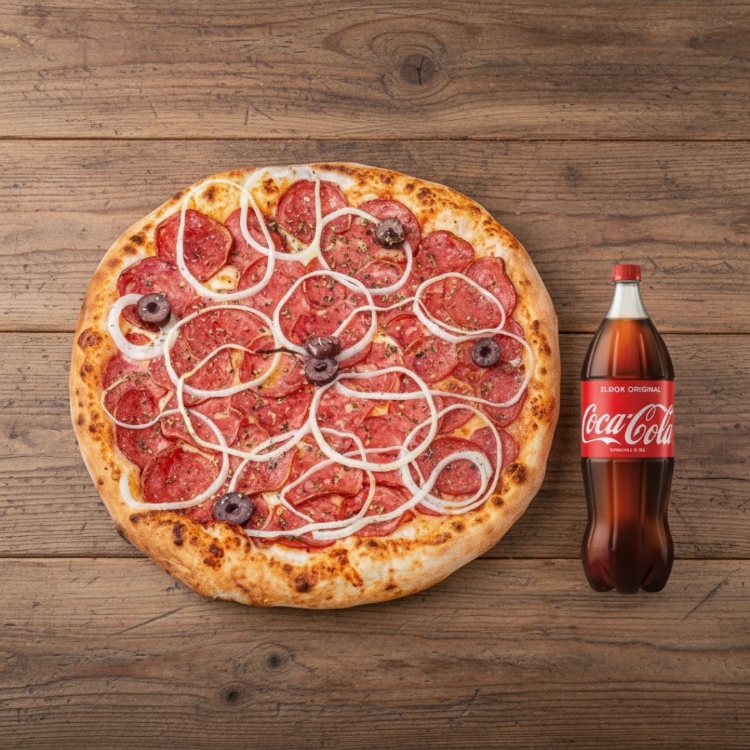 Delicie-se com a nossa 'Pizza Calabresa Família', uma generosa pizza de tamanho família, repleta de saborosas fatias de calabresa e coberta com um queijo derretido irresistível. Acompanha uma refrescante Coca-Cola de 2 litros para completar a sua refeição. Tudo isso pelo incrível valor de R$ 65,90. Uma verdadeira pechincha, perfeita para um jantar em família ou para uma noite de sábado com os amig