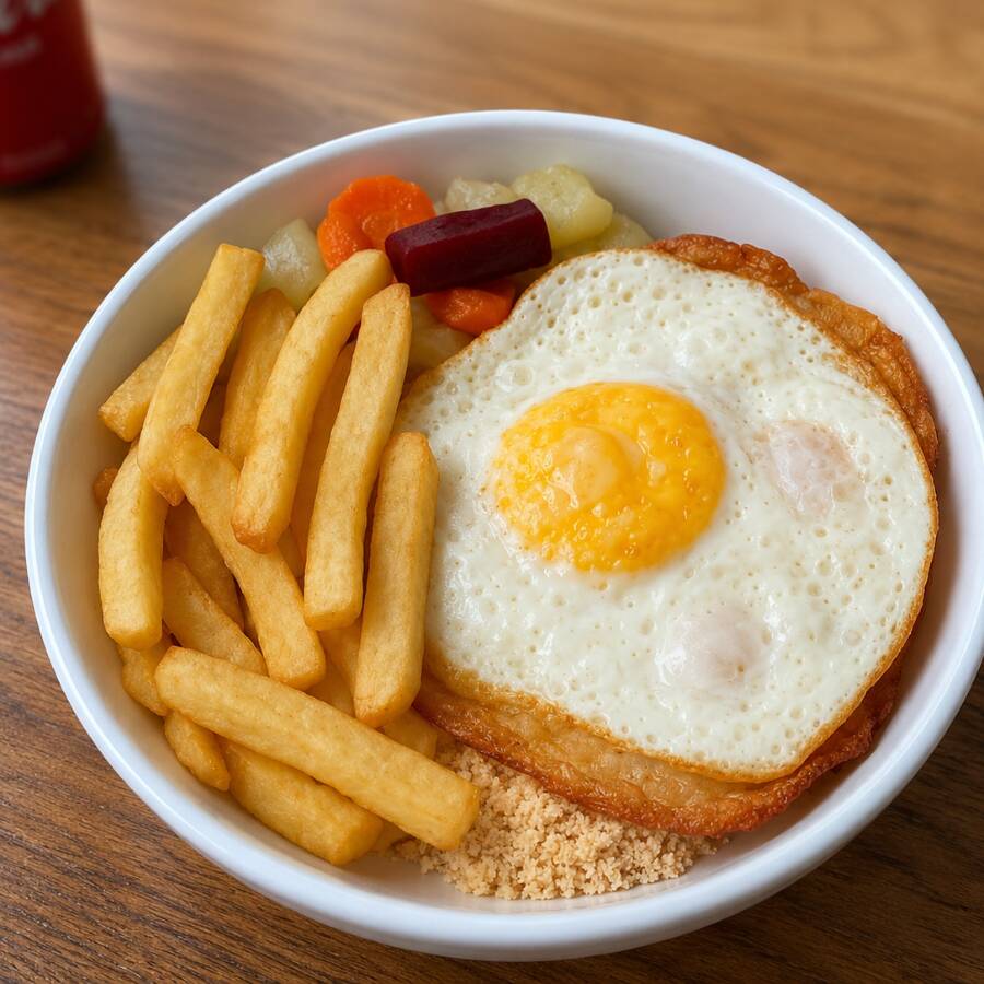 Ovo Frito, você monta sua marmita escolhendo 4 guarnições: batata frita, arroz, feijão, macarrão, farofa ou salada de legumes. Marmitex caprichada, comida brasileira caseira de verdade, feita na hora pra matar sua fome. PF completo perfeito pro seu almoço bom e barato com entrega grátis!
