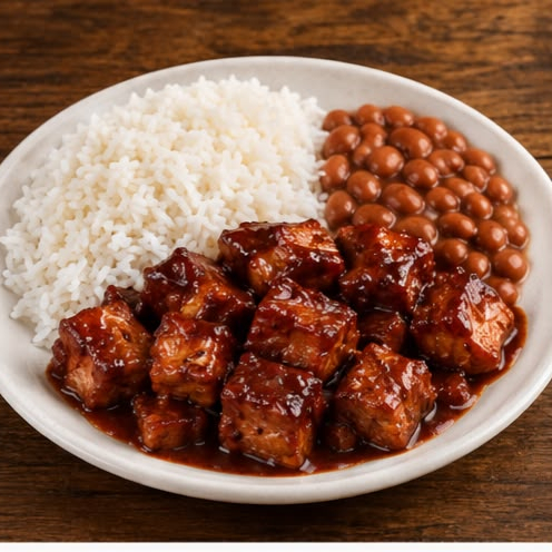 Lombinho suino em cubos ao molho barbecue bem suculento com gostinho de comida caipira. Acompanhado de arroz branco, feijão de caldo. Marmita pequena 500ml. tag; prato executivo; carne de porco; marmitex; marmita;bbq; a melhor marmita q ja comeu; marmita