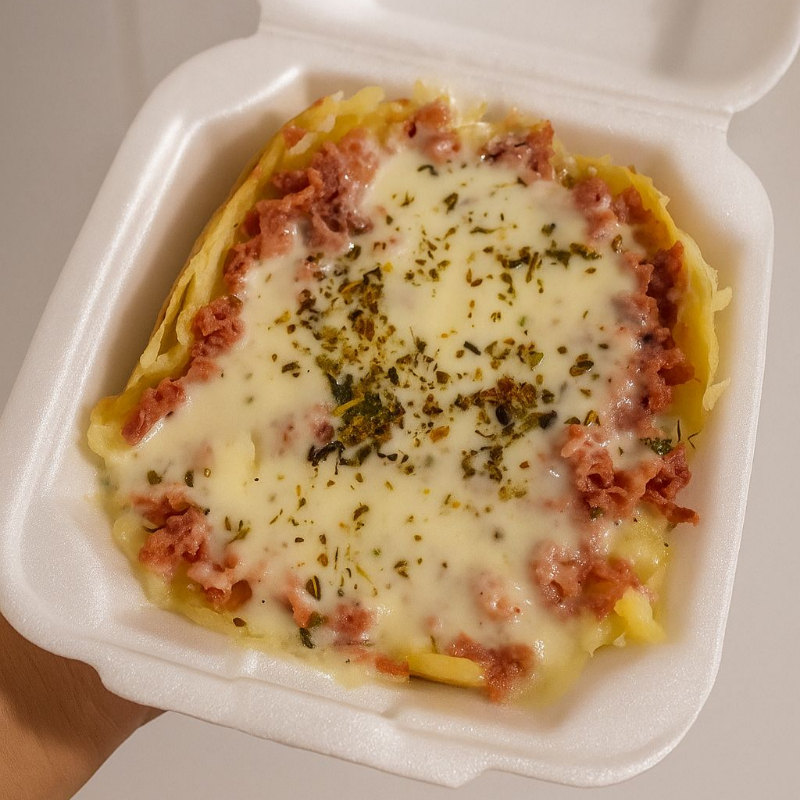 Deliciosa Batata que é recheada com calabresa com duas generosas camadas de queijo mussarela e uma pitada de orégano para finalizar. Acompanha Guaraná natural.