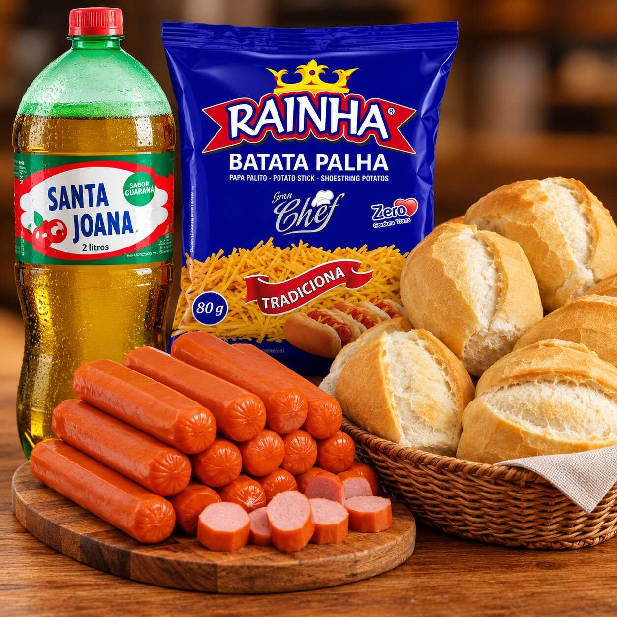 8 pães francês + 250gr de salsichinha perdigão + batata palha rainha + santa joana 2l (sabor disponível)