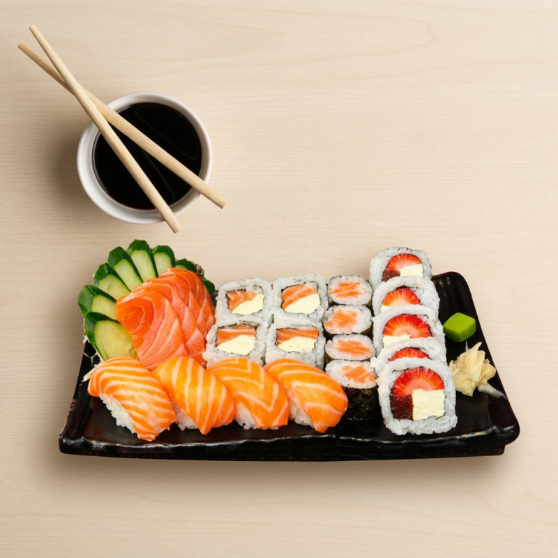 5 sashimi de salmão , 4 uramaki filadelfia ,4 shake maki ,4 niguiri salmão , 5 romeu e julieta