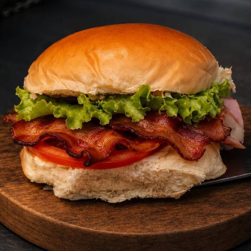 Pao Fresquinho,Hamburguer,Maionese,Presunto E Queijo,Tomate Alface E Bacon