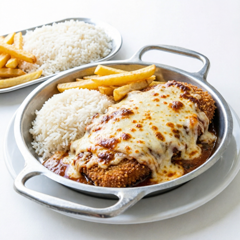 Com Arroz, Fritas ou Purê. No Capricho.