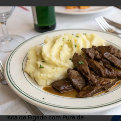 Fígado preparado no ponto certo, macio e bem temperado, servido com purê cremoso que traz equilíbrio e suavidade ao prato. Uma combinação clássica, nutritiva e cheia de sabor, perfeita para quem aprecia comida tradicional. Acompanha arroz soltinho, feijão fresquinho e farofa, formando uma refeição completa.