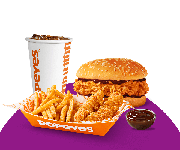 Desfrute Popeyes com essa oferta de cinco itens em um só produto: Sanduíche Pop + filé + Fritas Cajun + Molho + Bebida à sua escolha.